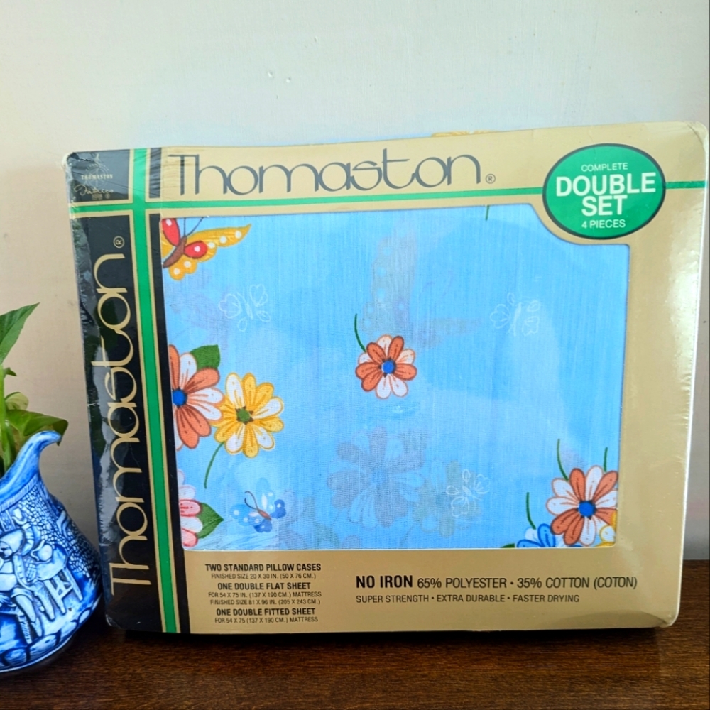 Vintage 70's Thomaston NEW Cottagecore Boho Sheet Set Butterfly Floral Blue